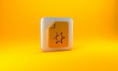 Poster - Gold Document settings with gears icon isolated on yellow background. Software update, transfer protocol, teamwork tool management. Silver square button. 3D render illustration