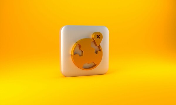 Gold Location on the globe icon isolated on yellow background. World or Earth sign. Silver square button. 3D render illustration