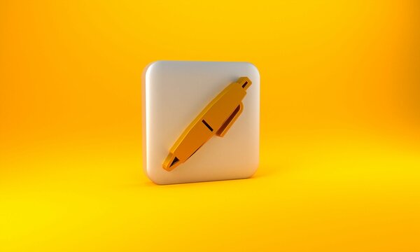Gold Pen icon isolated on yellow background. Silver square button. 3D render illustration