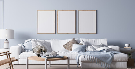 modern bright living room in costal style, white sofa and wooden furniture on light blue wall backgr