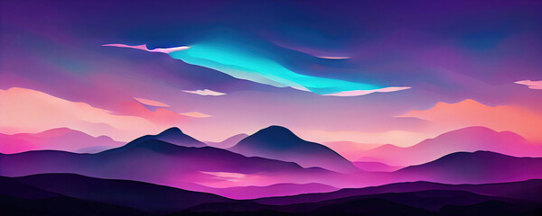 Wall Mural - Abstract vintage mountain landscape with neon lights