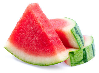 Wall Mural - Three slices of watermelon without watermelon seeds isolated on white background.