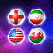 Qatar football group B flags on soccer balls. 3D illustration. Space sky background