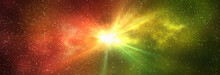 Burst Of Light In Space. Night Starry Sky And Bright Yellow Red Galaxy, Horizontal Background Banner