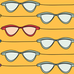 Poster - Linear colored vector sunglasses icon seamless pattern. One line continuous hand drawn illustration. Wallpaper, graphic background, fabric, print, wrapping paper.