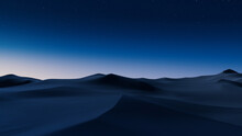Undulating Sand Dunes Form A Scenic Desert Landscape. Dawn Background With Blue Gradient Starry Sky.