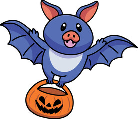 Poster - Adorable blue bat flying and carrying a carved pumpkin basket - Halloween concept