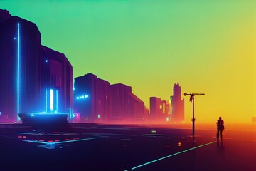 Cyberpunk Urban Abstract Future Wallpaper. Industrial Futuristic concept. Blue pink violet Evening urban landscape. 3D render