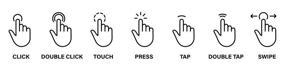 Fototapete - Computer Mouse Pointer Finger Line Icon Set. Cursor Hand Linear Pictogram. Click Press Double Tap Touch Swipe Point Gesture Black Outline Symbol. Editable Stroke. Isolated Vector Illustration