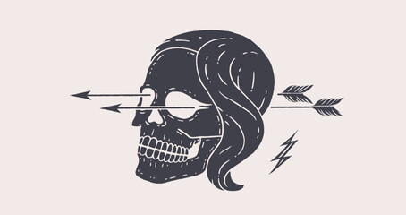 Wall Mural - Skull girl. Poster of vintage black skull woman, hipster label, portrait girl on white background. Retro old school illustration for t-shirt print, tattoo, fashion theme. Vector Illustration