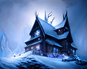 Wall Mural - A painting of a frozen Scandinavian stave church