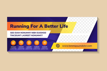 Poster - abstract modern banner design template for running for a better life. blue gradient horizontal layout background. diagonal space for photo collage and text. infographic icon and geometric polygonal.