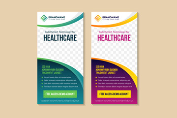 Poster - set of abstract curve vertical roll up banner design template for build a smart technology for healthcare. background with green and purple gradient colors. space for photo collage and text. 