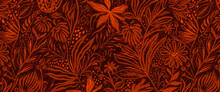 Autumn Seamless Pattern With Different Leaves And Plants, Seasonal Colors. Ornament Background
