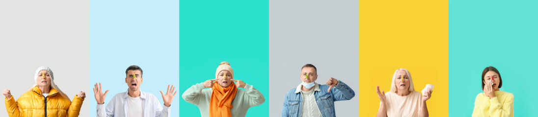 Sticker - Set of people with clothespins on their noses against color background