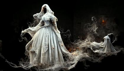 Wall Mural - Scary ghost woman in haunted house. Digital art