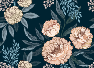 Elegant floral seamless pattern. Repeating template with blooming roses or peonies, green leaves and plant branches. Design element for printing on fabric. Cartoon realistic vector illustration