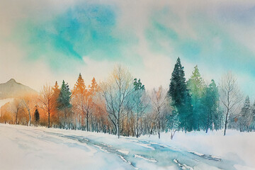 Snowy winter landscape with colorful trees, digital watercolor illustration