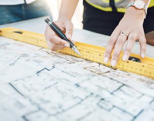 Poster - Hands, blueprint and architect planning with an architecture design and logistics for a building. Industrial designer and engineer working in collaboration with a floor plan, paper or project drawing