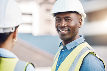 Poster - Black man engineer or architect portrait with helmet, safety gear and outdoor lens flare. Trust, expert and happy smile of a construction worker or manager with worker on site for project development