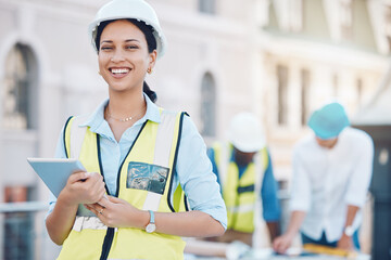 Poster - Construction, tablet and architecture with a woman builder or architect working on a building site in the city. Engineer, design and technology with a female designer and her team in the background