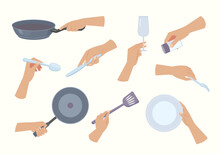 Holding Utensils. Kitchen Tools In Hands Knives Spoon Dishes And Plates Forks. Vector Cartoon Illustrations