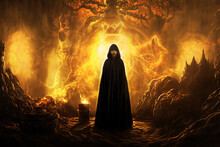 A Dark Magician Summoning Spirits In His Cave. Realistic Digital Illustration. Fantastic Background. Concept Art. CG Artwork.