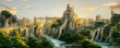 Inspirational digital painting of an elven city with waterfalls running from the hills upon which large white elf structures stand. Golden hour sunset upon an epic city, conceptual art wallpaper art.