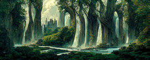 Fantasy Forest Landscape Inspirational Concept Digital Art. Woods Where Wood Elves Live With Streams And Rivers Runnings Across And An Abstract Building Structure In The Background