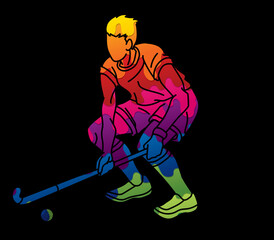 Poster - Field Hockey Sport Male Player Action Cartoon Graphic Vector