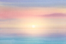 Abstract Background Drawn With A Brush On Paper. The Setting Sun Over The Horizon. Bright Sky And Watercolor.