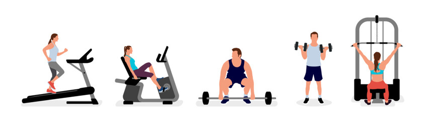 People working out at the gym. Vector illustration set.