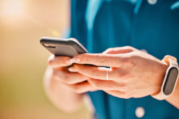 Poster - Woman hands on a phone for communication, social media and connection with technology closeup. Girl browsing on social network, doing research on the internet or typing a message with a smartphone