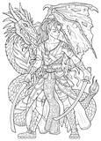 Fototapeta Pokój dzieciecy - Line art manga style illustration with fantasy dragon and hero man or prince isolated on white