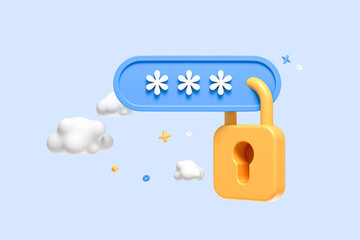 Pin code entry and padlock. Locked password field. Fraud protection. Cybersecurity of data. Privacy concept. Cloud storage. Cartoon creative design icon isolated on blue background. 3D Rendering