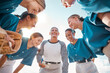 © Lumeez I/peopleimages.com - Women, baseball and team with coach smile, happy and support during conversation on game strategy or sports from below with blue sky. Teamwork, collaboration and coaching to win, success and winner
