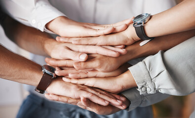 Poster - Business teamwork hands, support and collaboration in motivation for goal, vision and success together. Closeup group of people, diversity and trust for winning agreement, partnership and achievement
