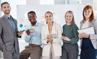 Canvas Print - Collaboration, diversity and team success of accounting and corporate business people standing together in support. Portrait and smile of finance employees in partnership in law agency office