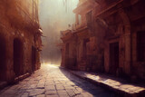 Fototapeta Uliczki - Historic streets and alleyways of an ancient civilisation. Volumetric light illuminating narrow cobblestone roads in a history inspired digital painting artwork for wallpapers and backgrounds.