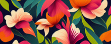 Tropical Flower And Leaf Wallpaper Pattern. Modern And Colourful Floral Wallpaper Background Featuring Purple And Orange Flowers Among Green Leafs. 