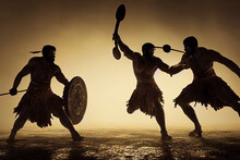 Digital Painting Of Three Gladiators Fighting In An Illuminated Arena. Wallpaper Featuring An Epic, Cinematic Gladiator Fight Illustration With Swinging Shields And Swords. Ancient, Historic Artwork.