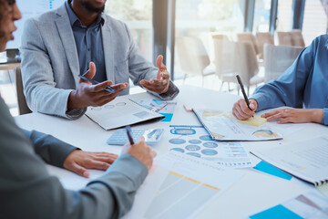 Poster - Business people hands writing in business meeting with notebook, paper or documents for schedule, report or financial data. Zoom of team working with strategy, innovation or KPI company growth.