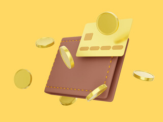 Poster - Payment concept. Closed wallet with credit card, flying coins on yellow background. Icon savings, enrichment. 3d rendering.
