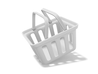 Poster - Plastic white flying basket on white background. Empty shopping cart. 3D rendering.