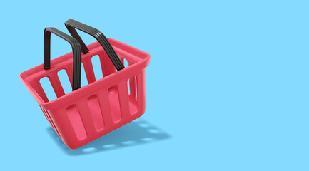 Poster - Plastic red flying basket on blue background with space for text. Empty shopping cart. 3D rendering.