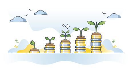 Environmental economics with sustainable business principles outline concept. Eco friendly investment with profit and growth graph vector illustration. Ecological company with positive interest rate.