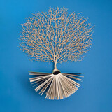 Fototapeta Natura - Golden tree growing from the old book, Education and knowledge concept. For book lovers. Flat lay.
