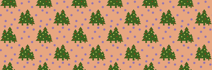 pattern. Image of green Christmas trees with balls and snowflakes on pastel red orange backgrounds. Symbol of New Year and Christmas. Banner for insertion into site. 3D image. 3d rendering