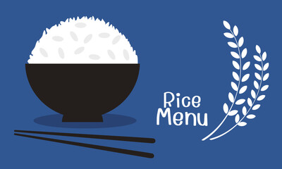 Poster - Rice bowl with chopsticks, hand written fonts and rice plants icons on white blue background vector illustration.