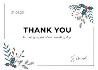 Wedding winter thank you card design. Template with text. Vector botanical background in a soft hand-drawn style